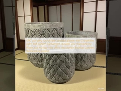 GRC 팟 그레이 라운드 섬유 시멘트 화분, 반복적인 야자 잎 패턴, 경량 내구성, 낮은 유지 보수, 화분, 휴가 빌라, 사무실 장식, 옥상 정원, 조경 프로젝트