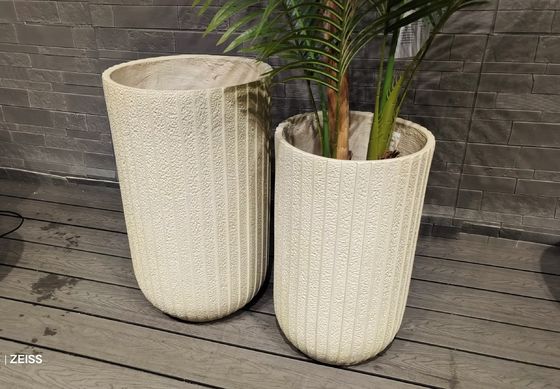 주문 밝은 베이지 수직 배열 얇은 스트라이프 텍스처 둥근 섬유 점토 지붕 정원 냄비 online manufacture
